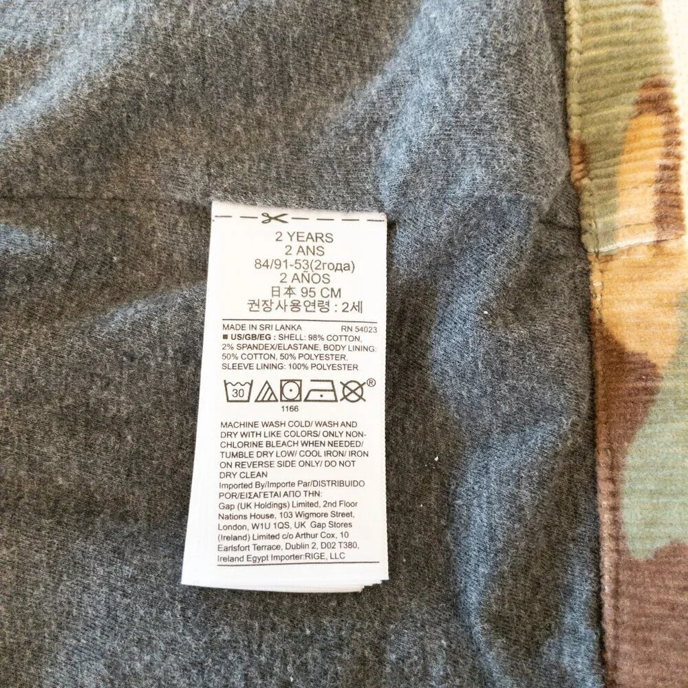 GAP Kids Camo Corduroy Jacket 3T Toddler Boys Green Brown Button Front Fall